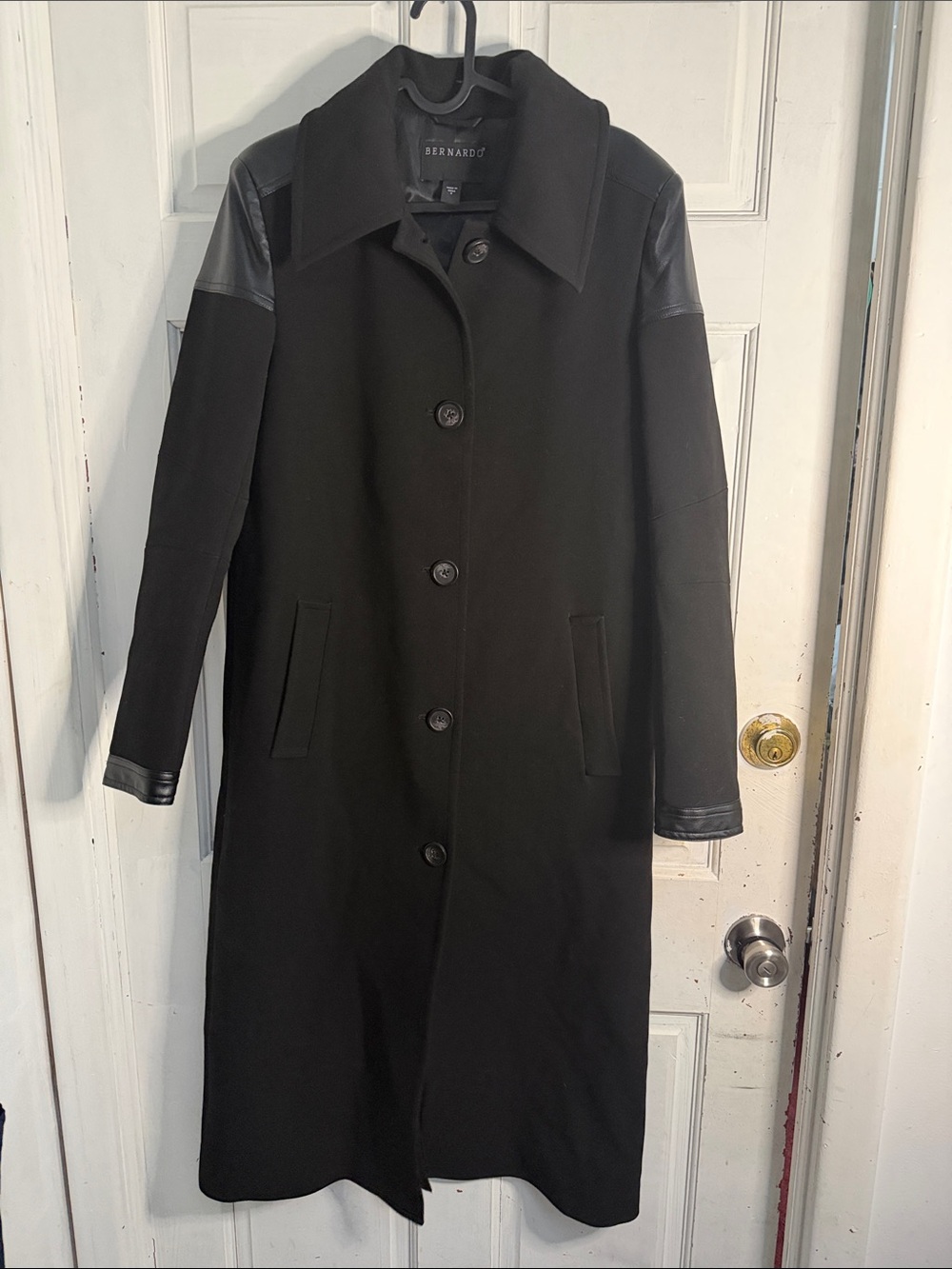 NWT Bernardo Black Wool Coat with Leather Shoulder and Cuff Trim- size small